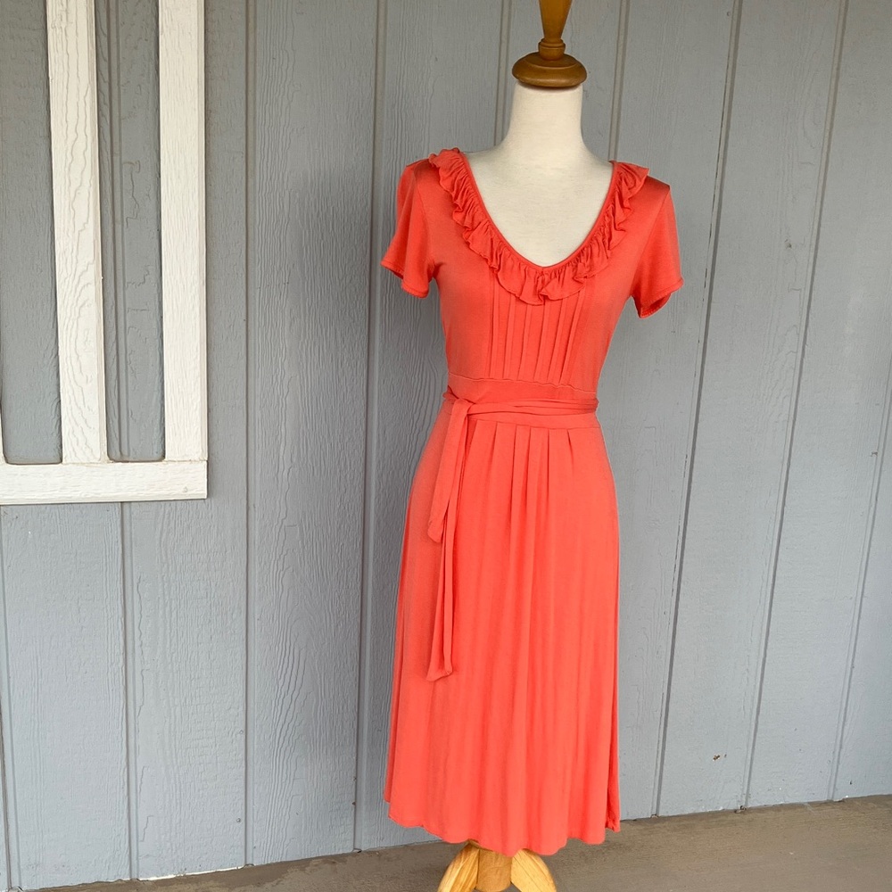 Chic Coral Midi Dress with Ruffle Neckline